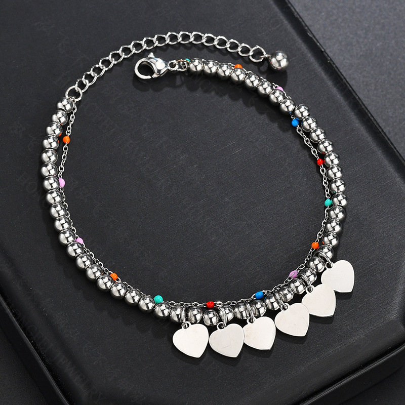 New Simple Fashion Heart-shaped Bracelet Stainless Steel Adjustable Ball Heart Color Rice Beads Bracelet display picture 3