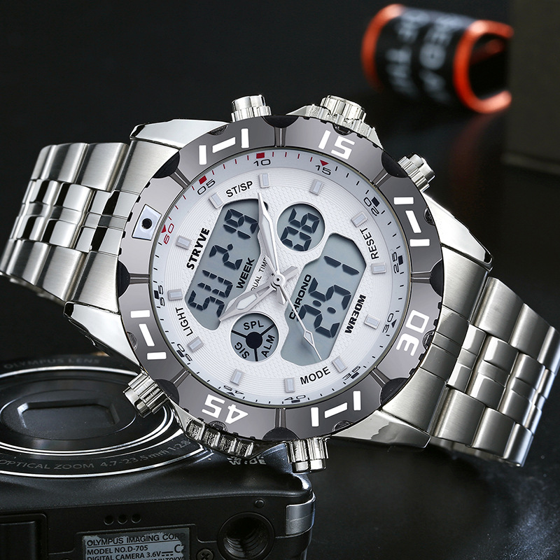 Stryve moda hombres de doble movimiento impermeable reloj de cuarzo electrónico estudiante sincronización alarma reloj de pulsera de acero inoxidable