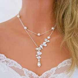 欧美跨境饰品 亚马逊直售镀银金属花朵珍珠项链水滴吊坠多层颈链