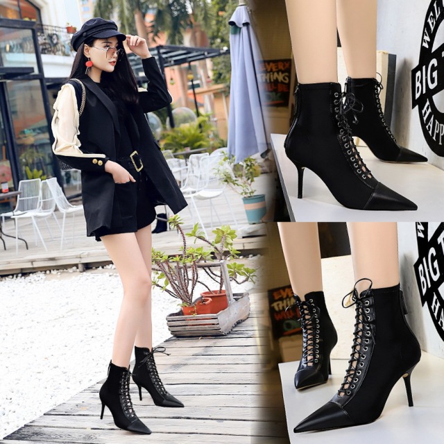 European and American retro fashion high heel lace up cutout cross tie pointed slim sexy women’s short boots