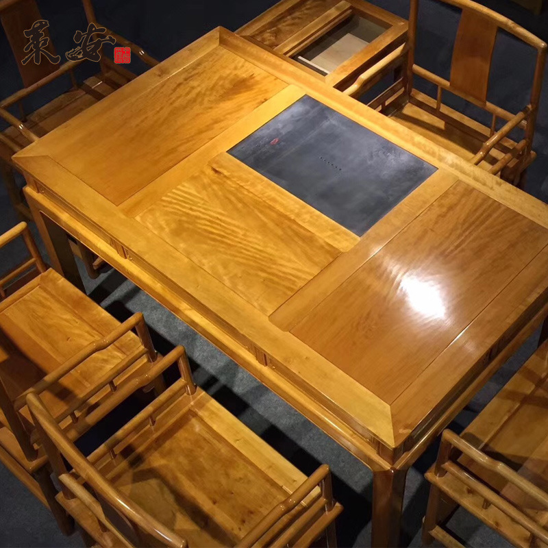 金丝楠木实木茶桌组合 新中式简约干泡桌茶桌茶台7件套南官帽椅|ms