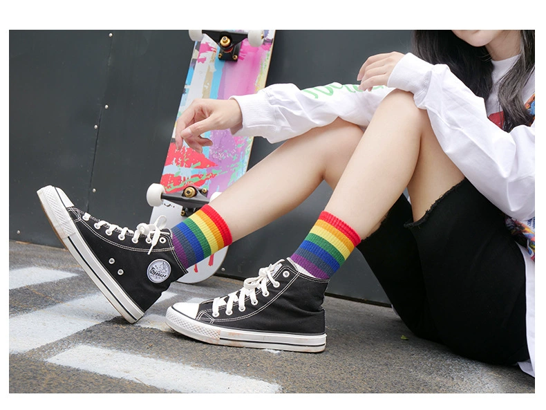 over the knee socks Winter Women's Socks Cotton Rainbow Stripes Socks Christmas Fashion Warm Christmas Casual Tide Socks harajuku korean black ankle socks