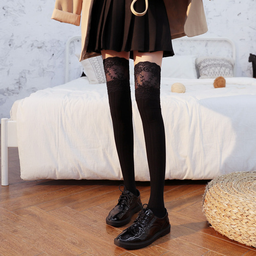 Large lace long over-the-knee socks thigh socks Japanese student cotton vertical striped high socks 3007