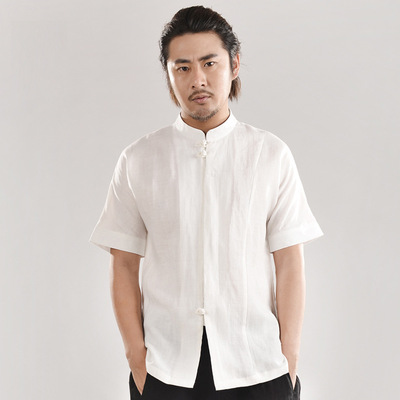Original summer new pattern Original Chinese style Stand collar Short sleeved Solid white Flax frog Short sleeved shirt