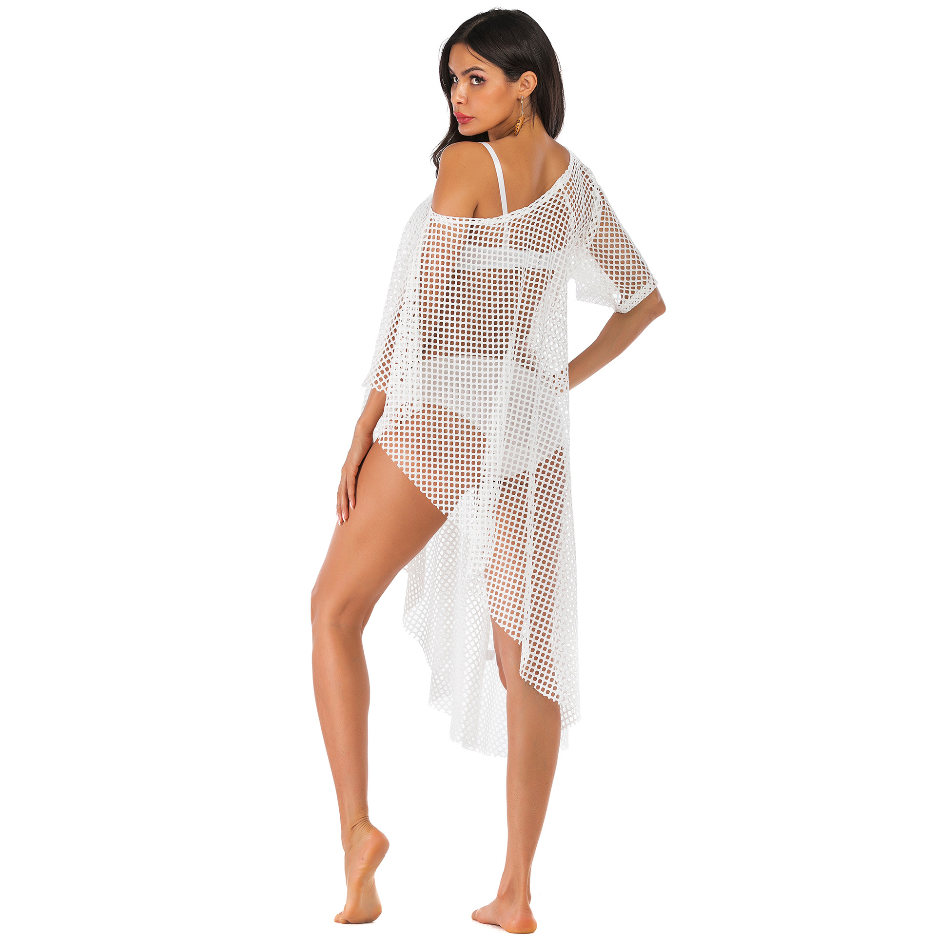 irregular off-shoulder neckline hollow see-through sexy mesh beach blouse  NSOY26729