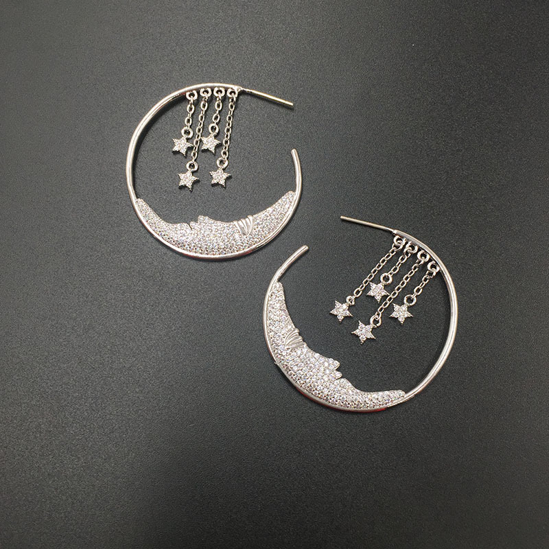 Sterling Argent Aiguille Micro Incrusté Zircon De Luxe Étoiles Gland Boucles D'oreilles Lune Créative Cercle Boucles D'oreilles Hippie Célébrité Internet display picture 1