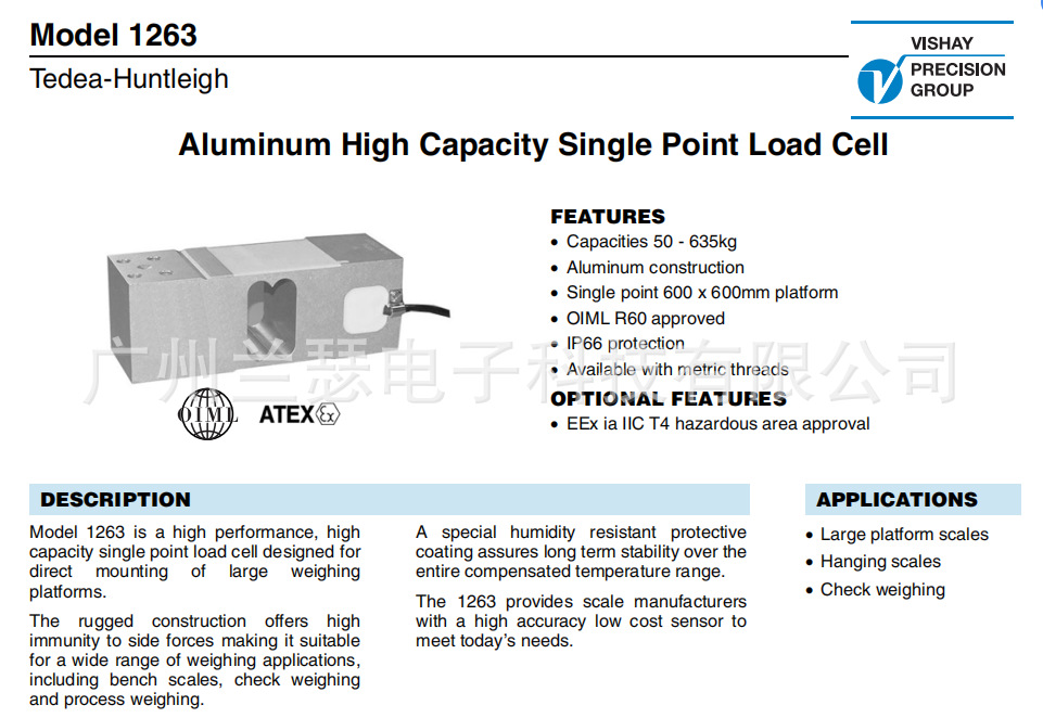 美国Tedea-Huntleigh 1263-250kg称重传感器原装现货 