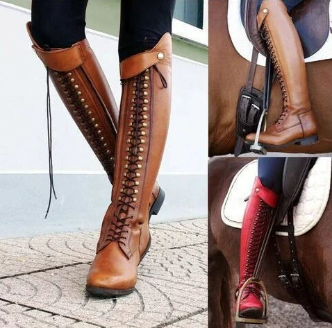 Модные Сапоги выше колена с заклепками в стиле ретро, женские сапоги на шнуровке, внешняя торговля, Amazon Wish, большие размеры 34-43, трансграничные