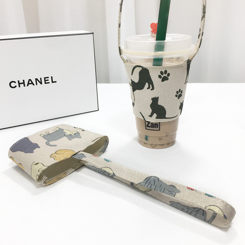 日式猫咪剪影饮料奶茶杯套 环保便携手提袋 斜挎吸管帆布代发批发