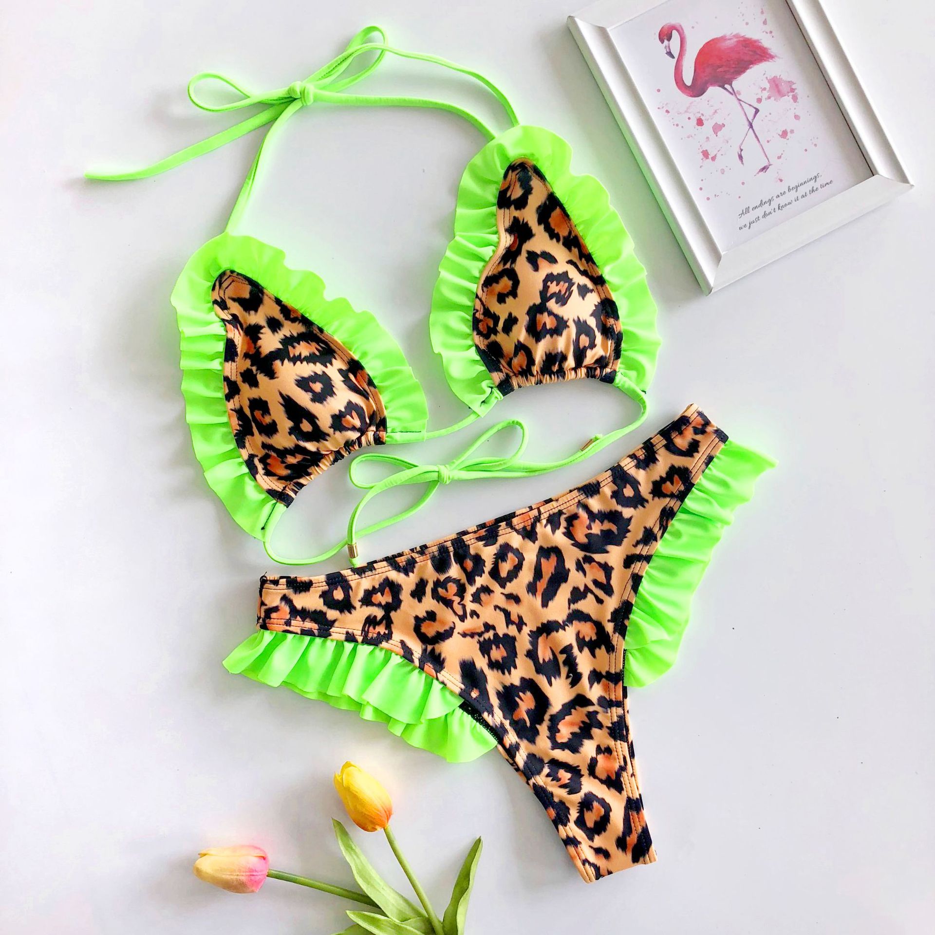 Leopard Print Ruffled Bikini Split 2 Piece Swimsuit NSCMB98254