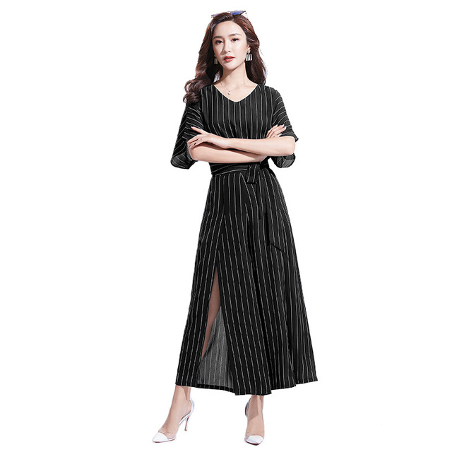 New Fashion Temperament V-tie Two-piece Broad-legged Trousers Suit