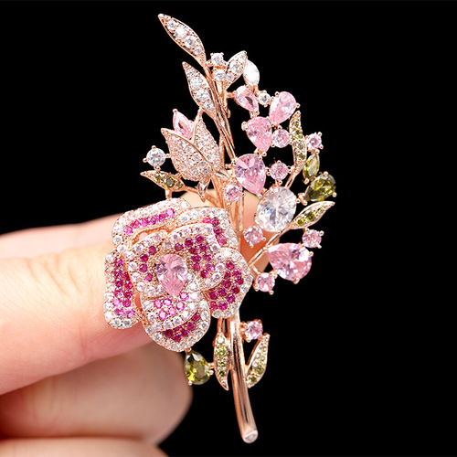 Korean heavy industry micro-encrusted zirconium corsage temperament flower zircon brooch evening dress accessories rose brooch for women