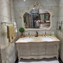 廠家批發現貨歐式雙盆浴室柜組合橡木洗臉盆柜衛生間實木落地柜子