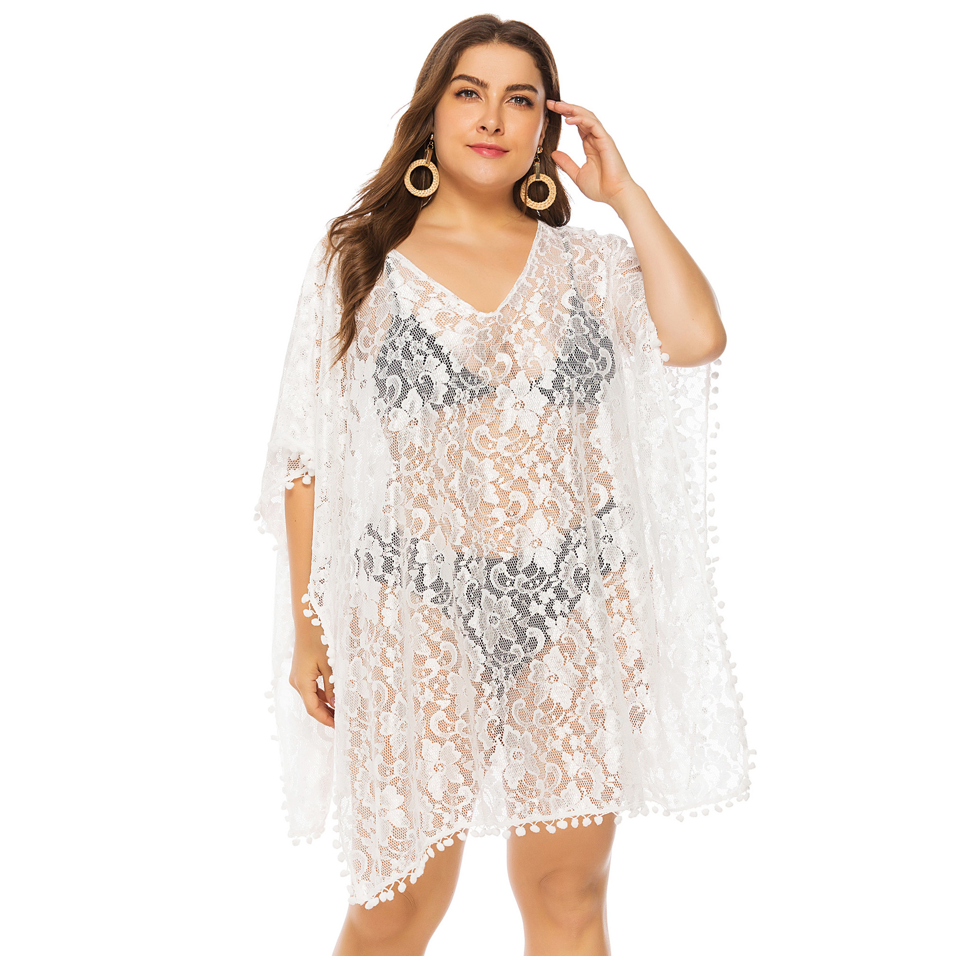 plus size stitching white V-neck lace blouse NSOY45968