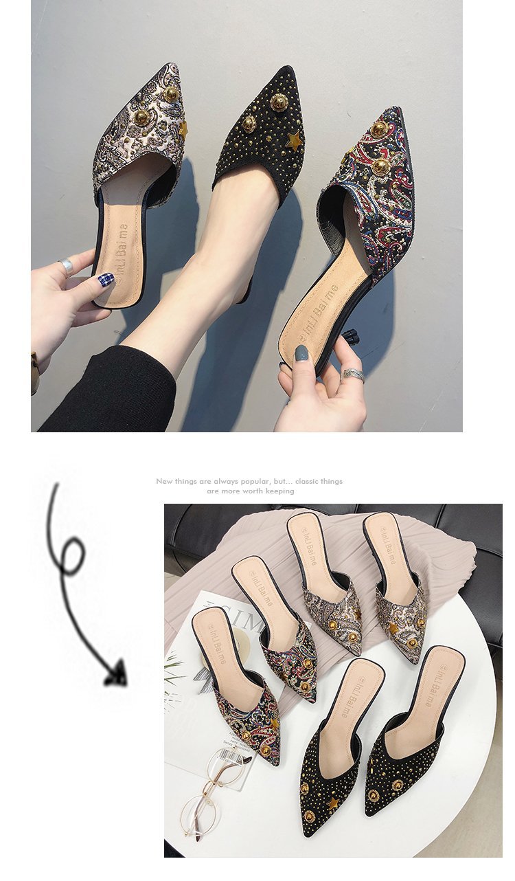 2024 Frühjahr/Sommer, sexy, schmale Absätze, mittlerer Absatz, spitzer Kopf, große Halbanhänger, Pailletten-Sandalen für Damen_voghion.com