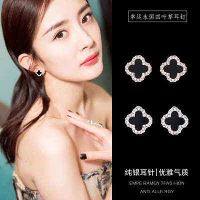 S925 Silver needle black Clover Ear Studs Rose Gold temperament the republic of korea personality Simplicity Versatile Anti allergy Earrings