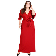 跨境女士大码红色礼服长裙深V领短袖高腰系带性感连衣裙