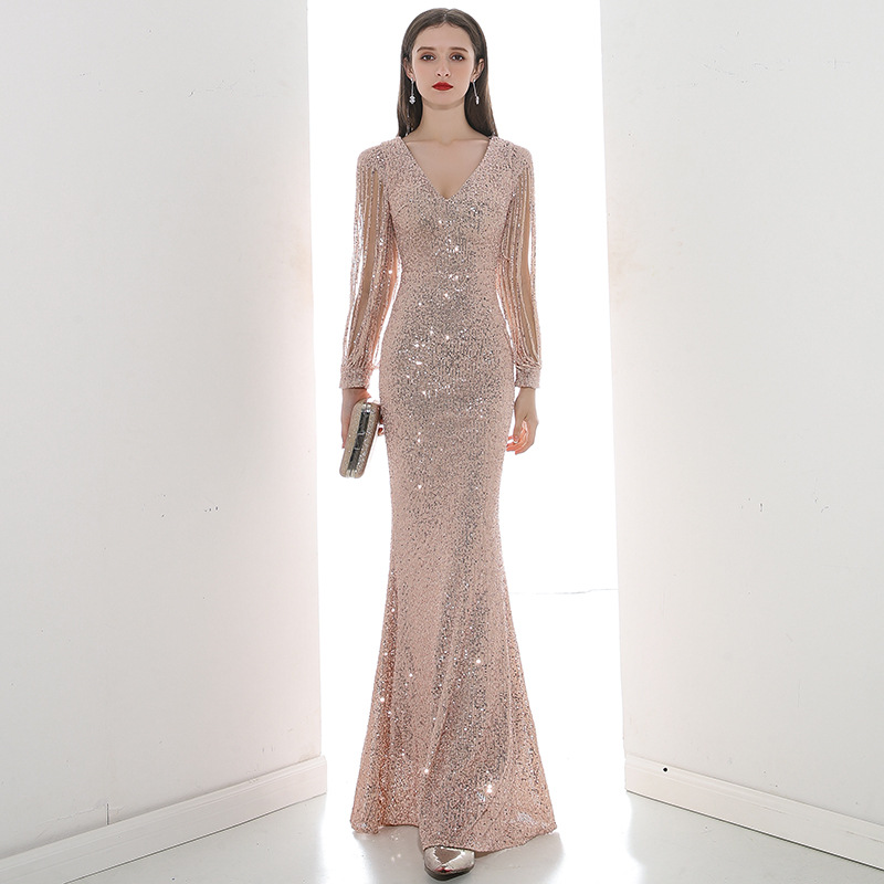 Ready-Made Evening Dress for Women, Champagne Color, High-End New Style, Elegant Host Mermaid Long Dress for Annual Meeting, Wholesale