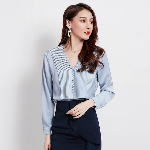 Autumn new pleated V-collar shirt hanging chiffon shirt