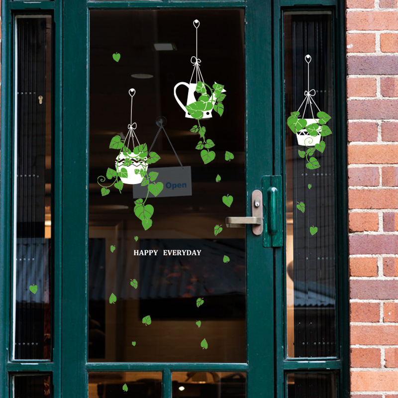 盆栽阳台墙贴纸清新绿色树叶咖啡店餐厅花店橱窗玻璃门贴画裸装