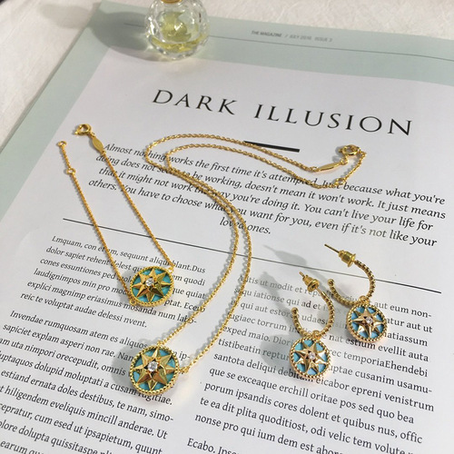【07】Korean Version Ins Niche Design Sense Eight-pointed Star Single Diamond Compass Octagram Chaos Flower Zodiac Necklace Set
