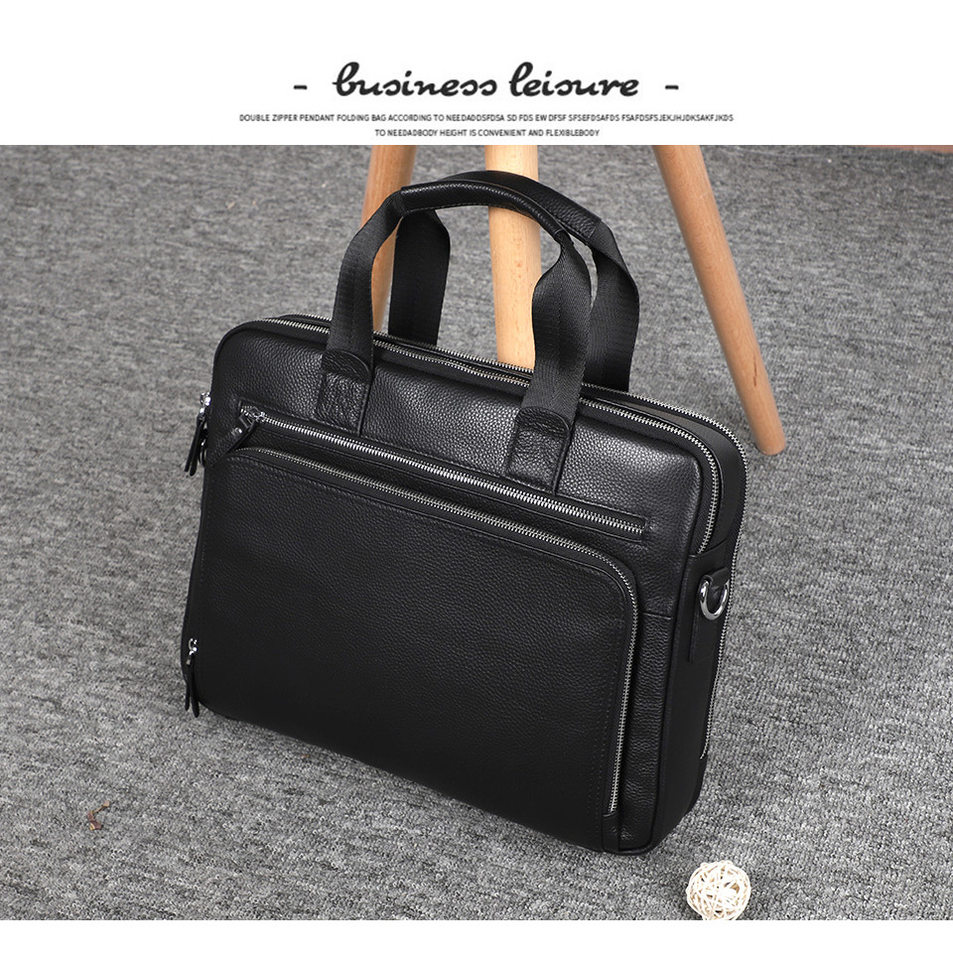 Túi công văn da bò lớp đầu dung tích lớn 38×28×8 cm, túi xách tay đeo chéo một vai cho nam, đựng được laptop 14 inch — Màu đen chi tiết 4