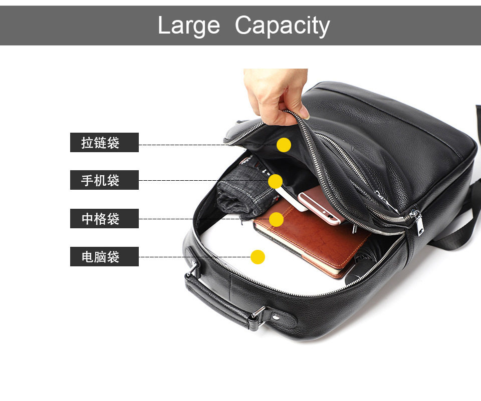 Ba lô nam da bò lớp đầu tiên, ba lô da đựng laptop 14 inch kiểu công sở — Màu đen chi tiết 4