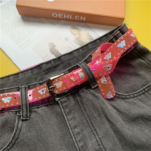 Transparent laser belt for women jelly belt for women plastic belt candy fluorescent butterfly decoration pvc thin belt