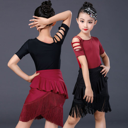 Children Girls wine with black fringed latin dance dresses children's latin dance skirt Practicing performance student latin ballroom competition clothes