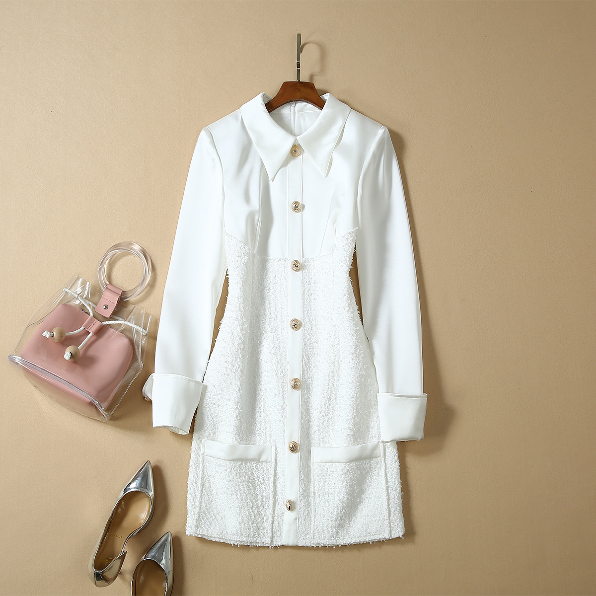 0807-07  精品缎面拼接毛昵口袋白色连衣裙S码胸围82