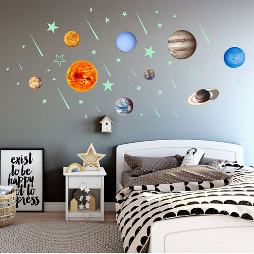 Foreign Trade. Fluorescent Moon Nine Planets Solar System Glowing Sticker Children's Room Decor Night Light Wall Sticker
