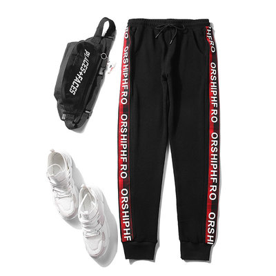 黑色休閑褲男修身小腳彈力韓版潮流百搭織帶運動褲子男春夏季薄款