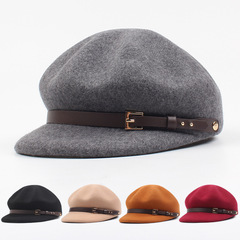 Hat Female 2021 Autumn And Winter New Temperament Leisure Flat Top Felt Cap European And American Style Fashionable Pin Patch Wool Top Hat display picture 8