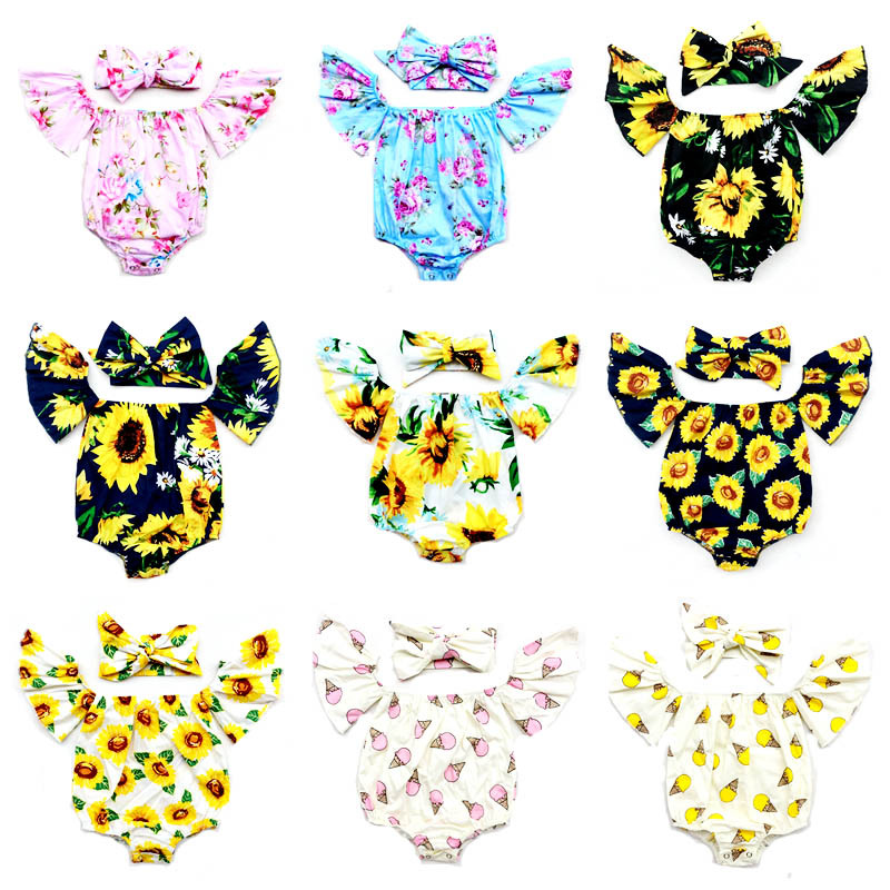 Foreign trade Facebook Explosive money lily Sunflower baby Climbing clothes children Off Shoulder Conjoined Romper Hair band wholesale