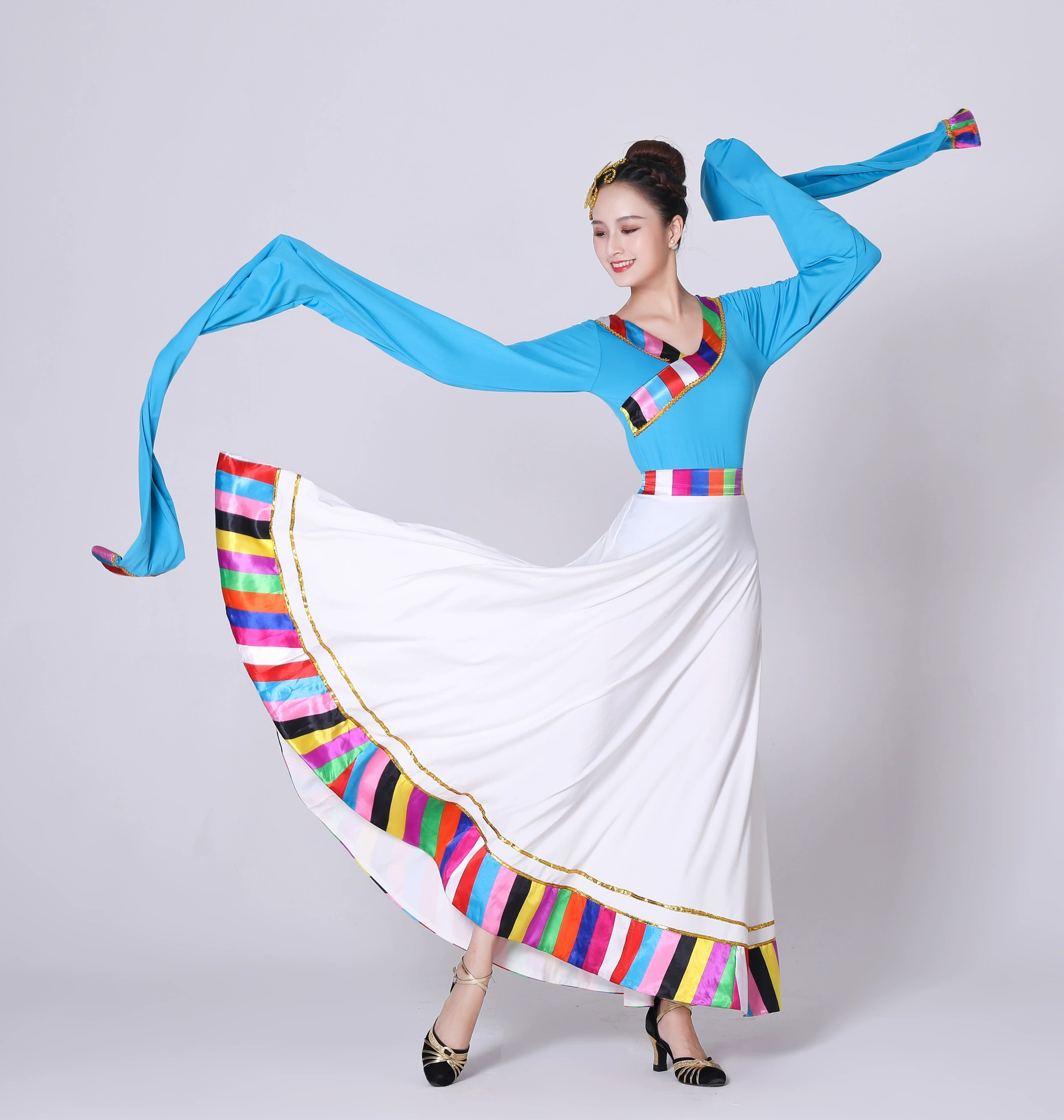 Квадратный танцевальный костюм Новый костюм Тибетское танцевальное платье средней длины Большое платье-качели Народное танцевальное платье