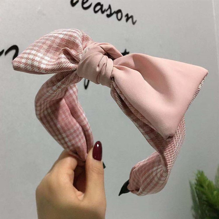 Fashion Bow Ears Wide Edge Headband Hit Color Check Simple Female Korean Headband display picture 7