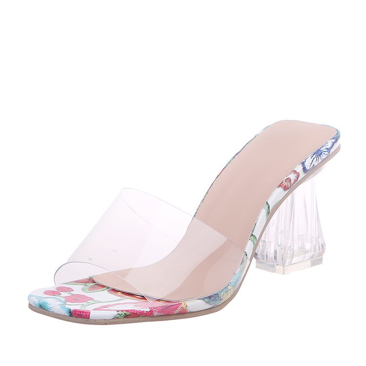 European and American fashion crystal heel high-heeled sandals women's transparent Decor thick heel sandals women's Summer Dew toe women's shoes