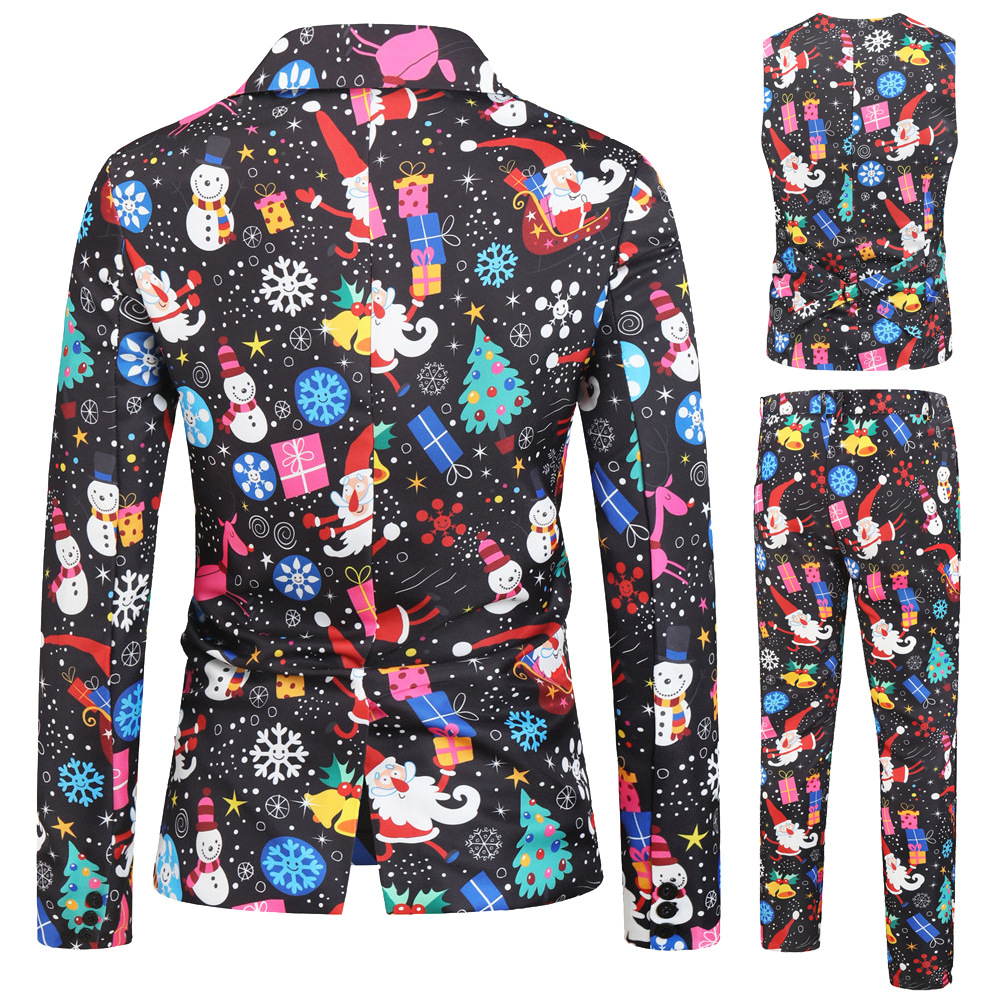 2019 men's new casual suit three piece suit men's Christmas printed flat collar suit