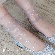 新款春夏薄款中筒袜子 透明蕾丝袜女  星星月亮五角星网纱堆堆袜