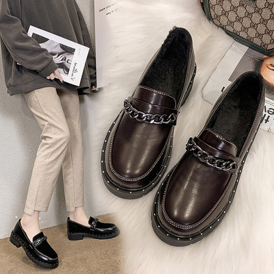 England Baby leather shoes 2019 new pattern Autumn shoes Plush Versatile peas shoes winter work black Lok Fu shoes