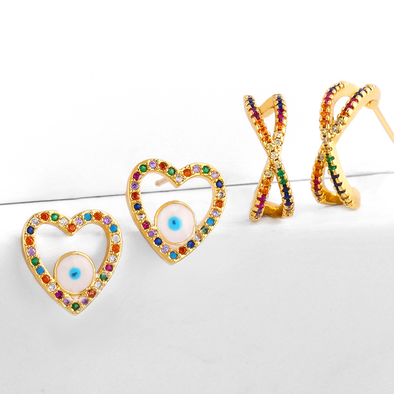 Earrings Micro Inlaid Colorful Diamond Drip Oil Eyes Love Earrings Geometric Cross Zircon Earrings display picture 1