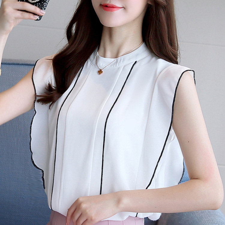 2022 Summer New Korean Version Of The Ruffled Stand-up Collar Sleeveless Top Is Slim And Slimming And Age-reducing Chiffon Doll Shirt