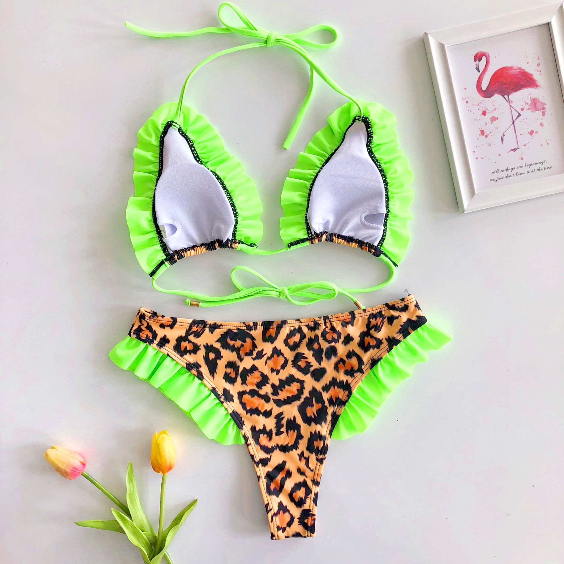 Leopard Print Ruffled Bikini Split 2 Piece Swimsuit NSCMB98254