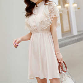 现货 夏装新款清新甜美蕾丝袖松紧腰立领衬衣式单排扣连衣裙