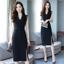 夏季新黑色连衣裙韩版性感气质V领无袖修身收腰开叉蕾丝边短裙女