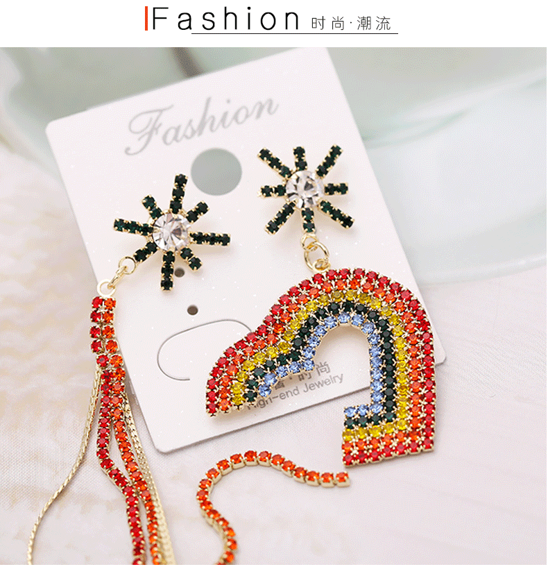 Fashion Earrings Rainbow Color Rhinestone Candy Love Tassel Asymmetric Temperament Earrings Women display picture 5