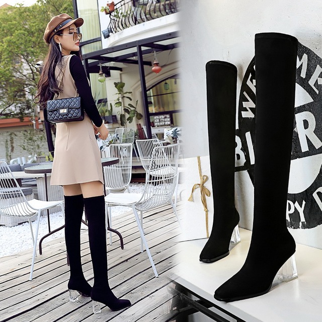 Korean fashion women’s boots transparent crystal high heel square suede sexy slim knee high boots