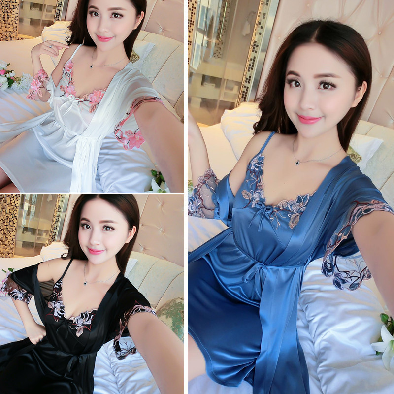 Spring and summer new sexy elegant women's ice silk five-point sleeve two-piece sling robe bathrobe home clothes wholesale