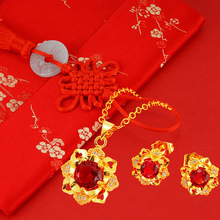 跨境创意越南沙金锆石项链耳环套装 简约欧美流行饰品玫瑰花吊坠