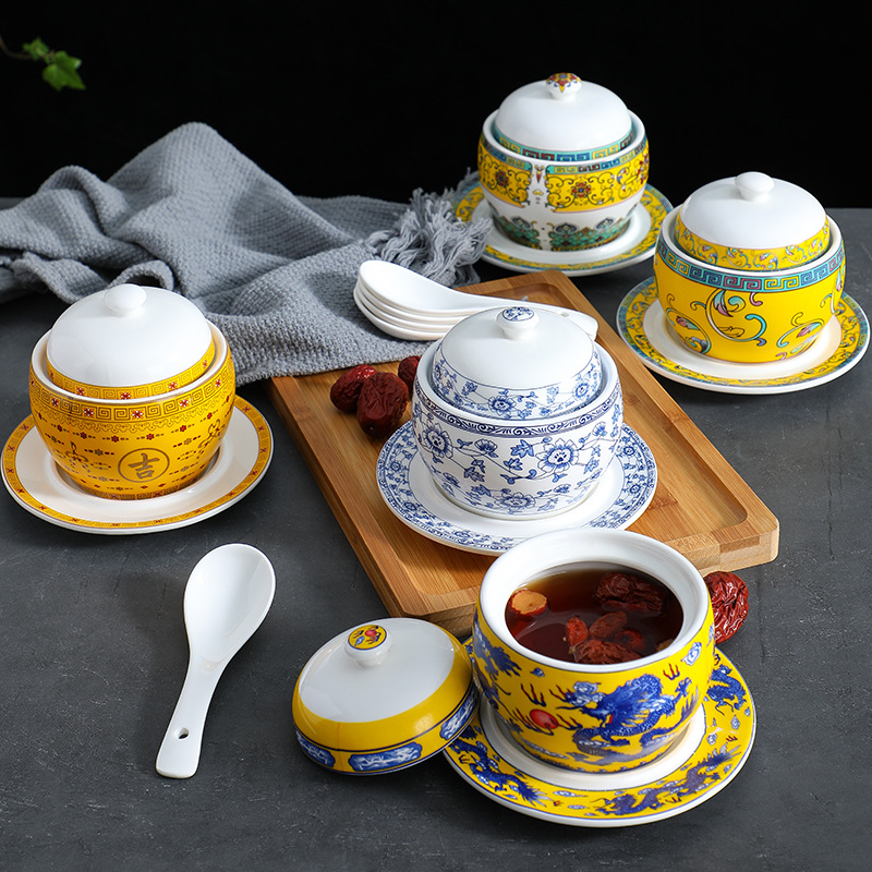 酒店陶瓷燕窝甜品碗小米辽参碗隔水炖煲汤罐商用餐厅带盖蒸小炖盅